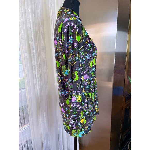 Vintage 70s top, black, neon psychedelic print, elephants, birds, flower power - Picture 8 of 10